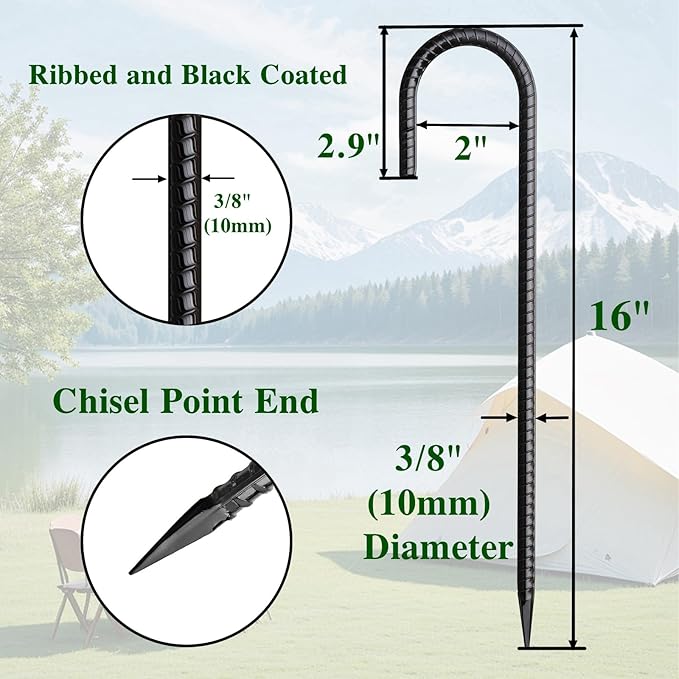 16 Inch Rebar Stakes J Hook 26 Pack Ground Stakes Heavy Duty Tent Stakes with Chisel Point End