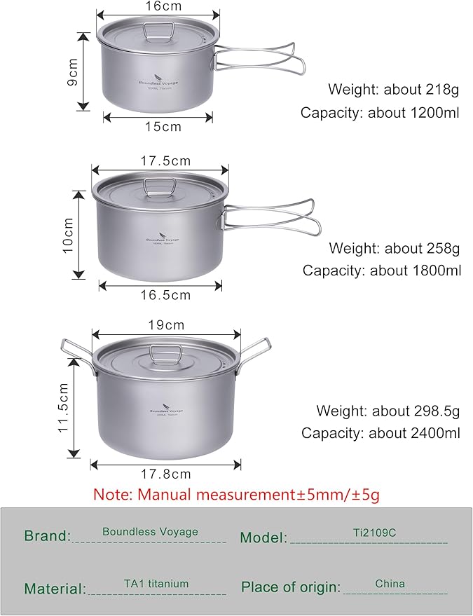 iBasingo 1.2L+1.8L+2.4L Titanium Pots Set with Lid Camping Cookware with Foldable Handle Portable