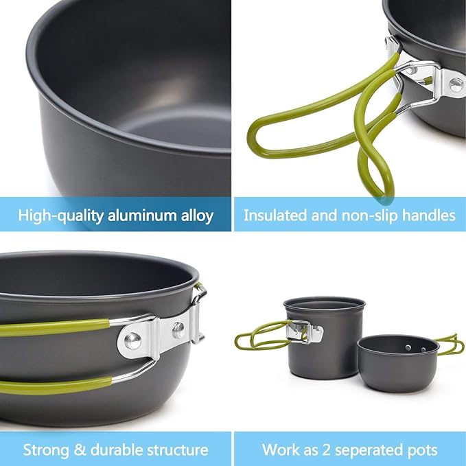 Peidesi Camping Cookware Mess Kit, Portable Camp Stove Pots and Pans Set, Carabiner, Folding Knife