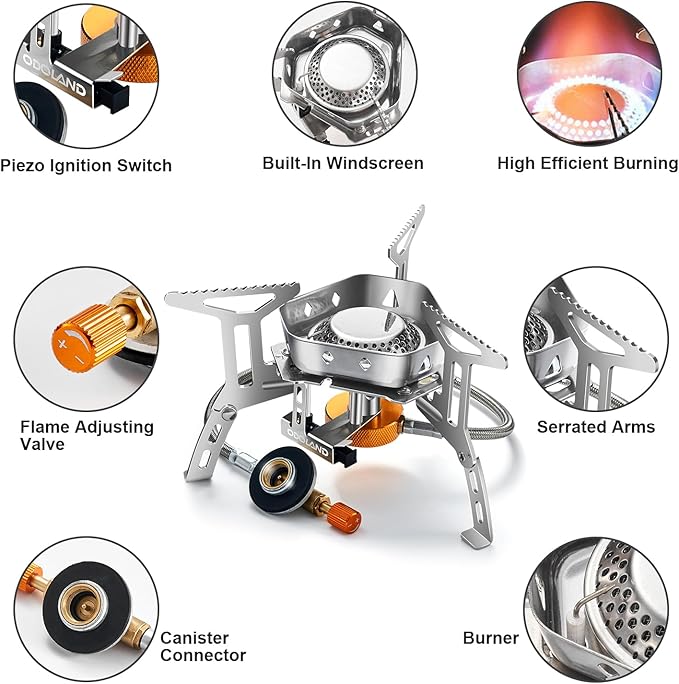 Odoland 3500W/6800W Windproof Camp Stove Camping Gas Stove with Fuel Canister Adapter, Piezo