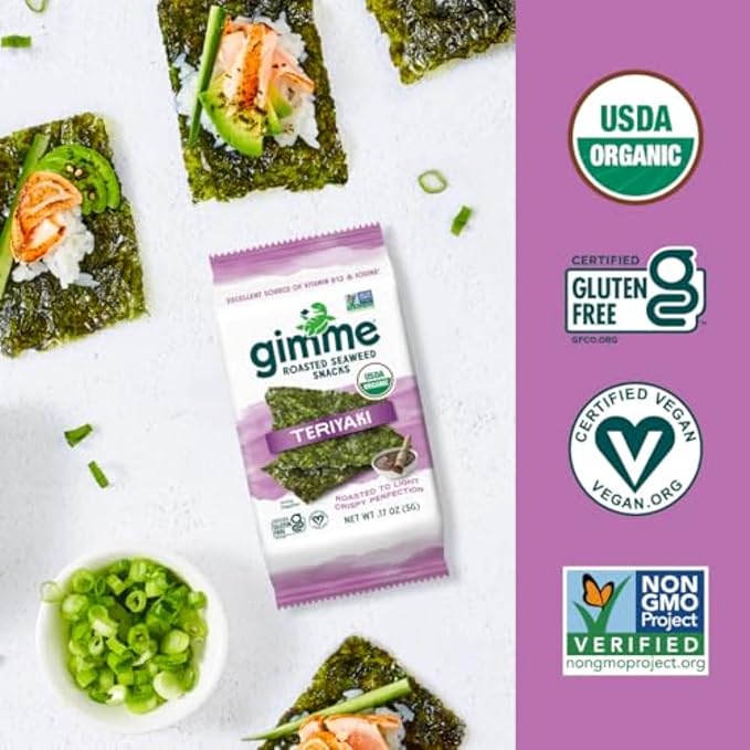 Gimme Seaweed Organic Premium Roasted Seaweed Snacks, Teriyaki, 6 Count, Keto, Vegan, Gluten-Free