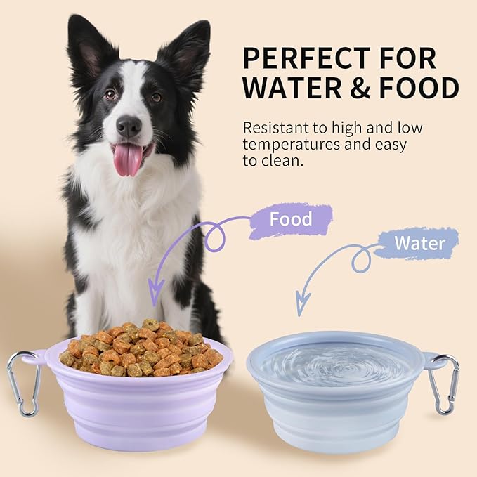 Collapsible Dog Bowls 2-Pack, Portable Travel Dog Bowl with Carabiner, Food-Grade Silicone Pet Bowl