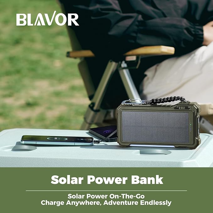 BLAVOR Solar Power Bank 20000mAh/74000mWh Built-in Cables, Wireless Charger for Apple Watch, 20W