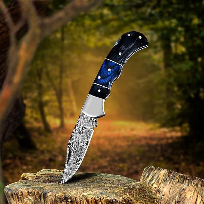6.5' Personalized Engraved Damascus pocket knife for men Small folding knife for outdoor, camping