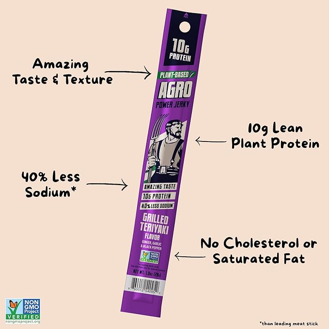 AGRO POWER Vegan Jerky Sticks, Teriyaki Flavor Plant-Based, 7 Stick Bag with 10g Protein, Non-GMO