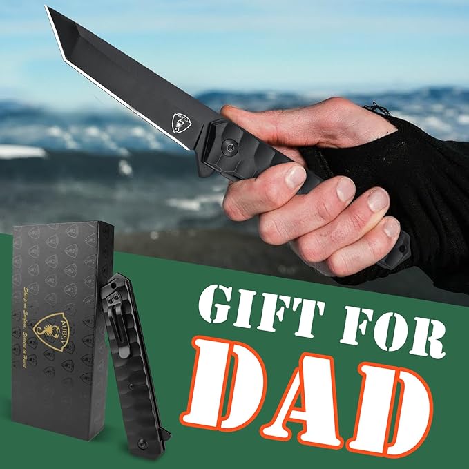 AUBEY Tanto Blade EDC Knife, 440 Steel Pocket Folding Knife with Liner Lock, Clip, Aluminum Handle