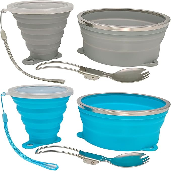 Mess Kit for Camping Silicone Collapsible Bowl Collapsible Cup and Stainless Steel Spoon for