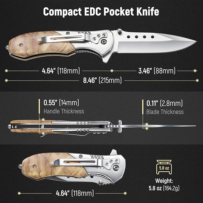 Folding Pocket Knife - 3.46" Sharp Blade Olive Wood Handle Pocket Knives with Clip, Glass Breaker