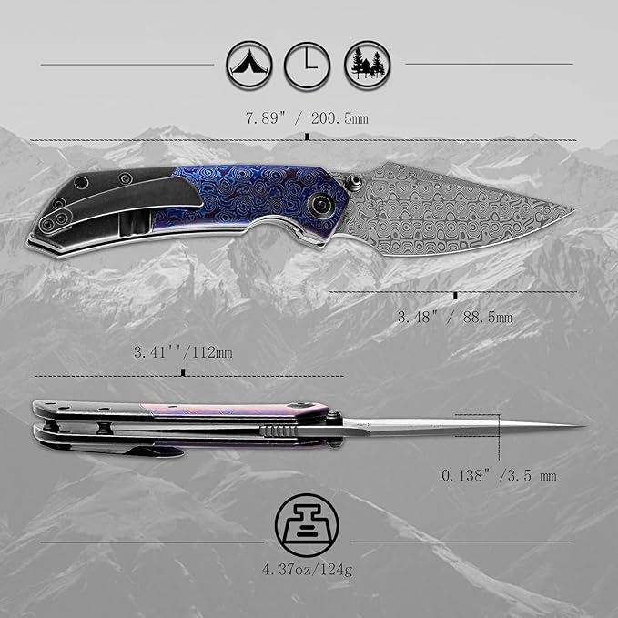 KANSEPT Fenrir Pocket Folding Knives for Men Women EDC Camping Fishing Knives 3.48'' Damascus
