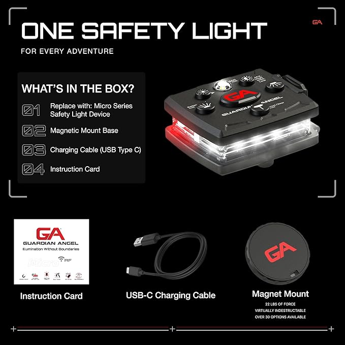 Guardian Angel Micro Series Safety Lights, (All White Front & Red Rear) | Rechargeable, Magnetic &
