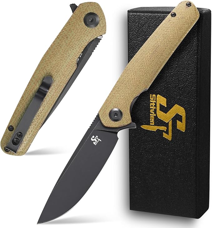 Sitivien ST102 Folding Knife, D2 Steel Blade+Micarta Handle EDC Tool Knife for Outdoor, Camping