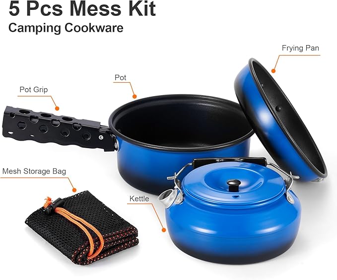 Odoland 5pcs Camping Cookware Non-Stick Camping Pot and Pan Set with Kettle and Removable Handle