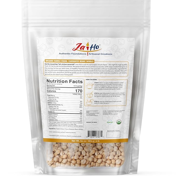 Jai Ho Certified Organic Kabuli Chana Garbanzo Beans 4 lb | Chickpeas Lentils | Indian Kabuli Chole