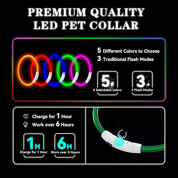 Led Light Up Dog Collar Rechargeable Waterproof, Glow in Dark Dog Collar, TPU Cuttable Lighted Dog