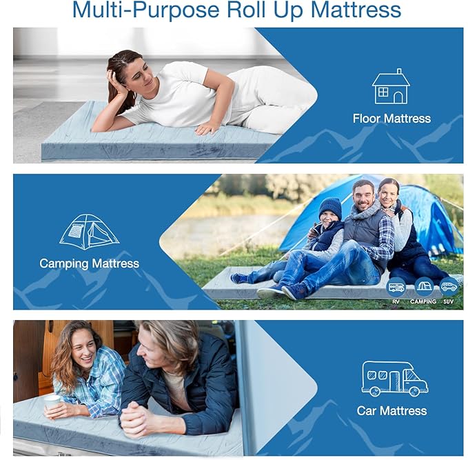 KingChii CertiPUR-US Memory Foam Camping Mattress, Portable Roll Up Travel Car Camping Mattress