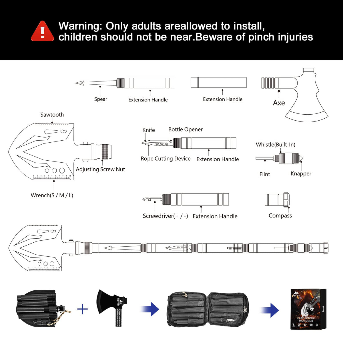 Suprock Survival Shovel High Carbon Steel Tactical Shovel Axe Folding Entrenching Tool Camping