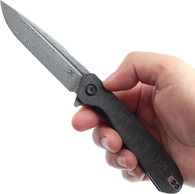 KANSEPT Qilin Pocket Knife,3.24'' Damascus Sharp Blade, Black Rose Carbon Fiber Handle for Edc