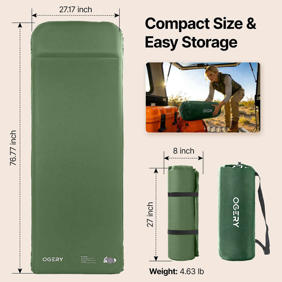 OGERY Sleeping Pad - Self-Inflating, Memory Foam - product view 6