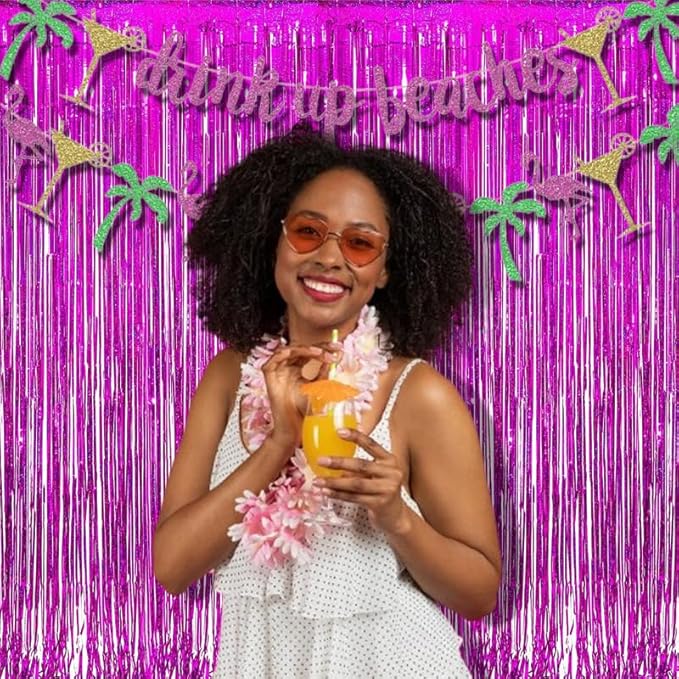 BRAVESHINE Hot Pink Tinsel Foil Fringe Curtains - 2Pcs 3.2x8.2ft Metallic Party Streamers Backdrop