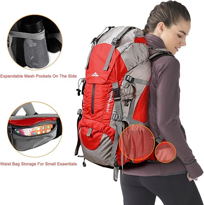 Loowoko 50L Hiking Backpack, Waterproof Camping Essentials Bag with Rain Cover, 45+5 Liter