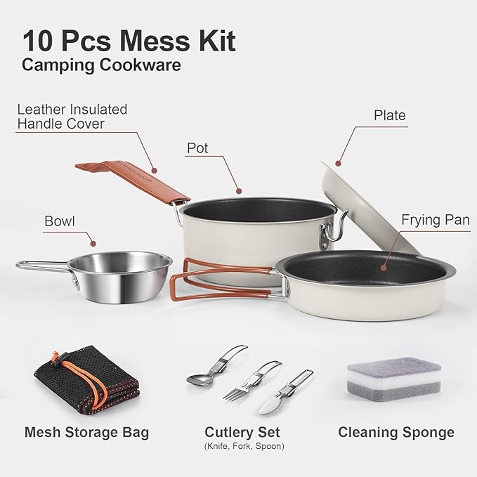 Odoland 10pcs Camping Cookware Non-Stick Camping Pot and Pan Set with Plate Bowl Fork Knife Spoon