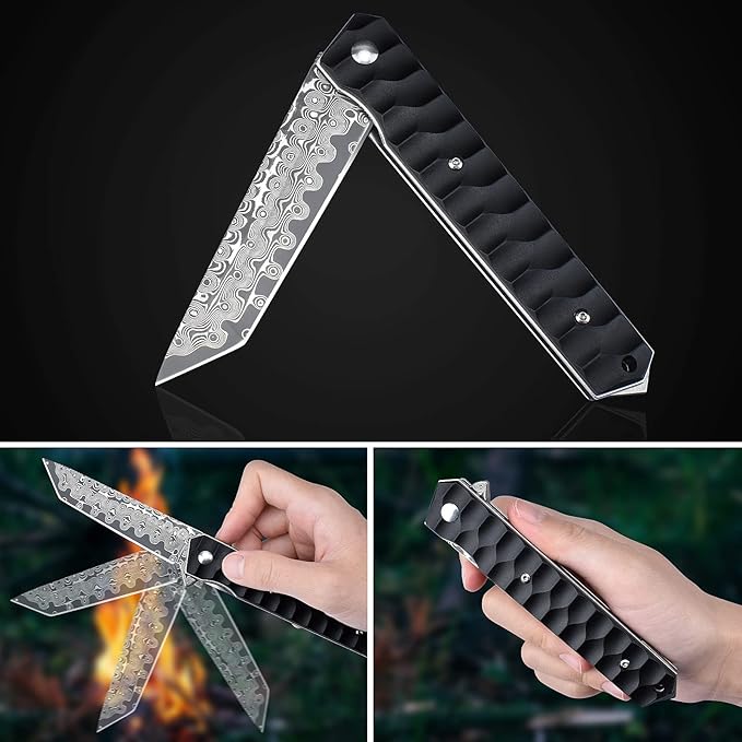 AUBEY Damascus Pocket Knife with Clip, Tanto Blade Damascus Steel Folding Knives for Men Tactical