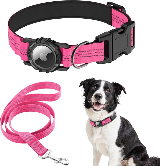 AirTag Dog Collar and Leash, IP68 Waterproof Integrated with Reflective, Ultra-Durable, Comfortable
