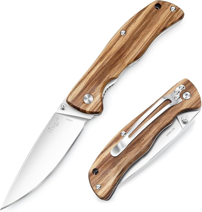 Vickay Pocket Knife for Men, Folding Knife with Clip, 3.74" 8Cr13MoV Steel Blade, Wood Handle EDC