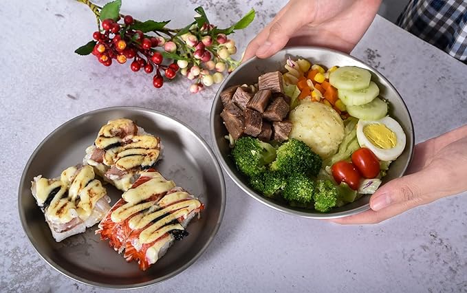 iBasingo Titanium Camping Plates and Bowls Set with Mesh Bag - 174mm Ultralight Backpacking