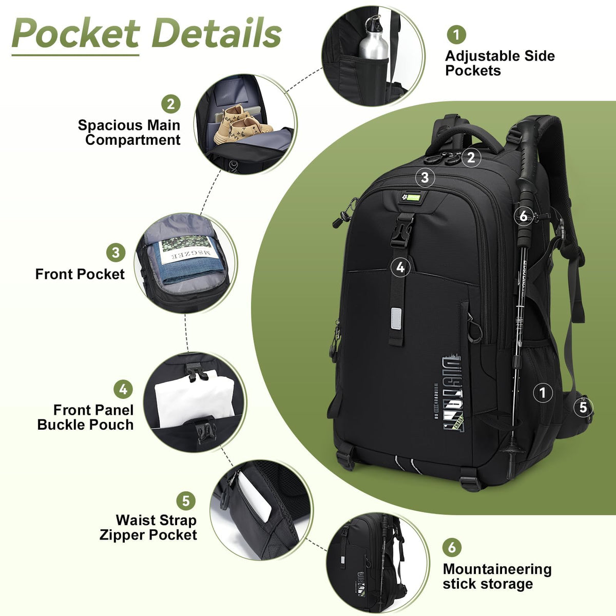 Super Eager Hiking Backpack - 50L, Waterproof, Black - product view 3