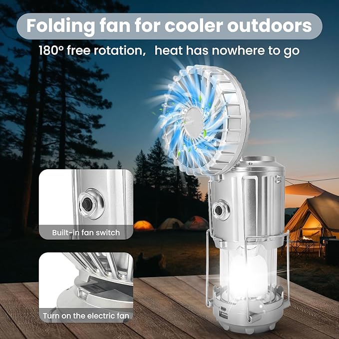 Solar Camping Lantern with Fan, Collapsible USB Rechargeable & Battery Powered Emergency Hanging
