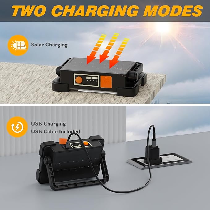 120W Solar Rechargeable Work Light, 144 LED 10000LM Led Work Light with 4 Modes, Portable Flood