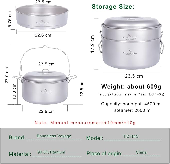 Boundless Voyage Titanium 4.5L Hanging Pot with Steaming Rack Folding Handle Outdoor Camping