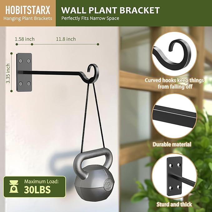 Heavy Duty Plant Hangers Outdoor- Hand-Forged Hanging Plant Brackets - 2 Pack 12 Inch Black Wrought