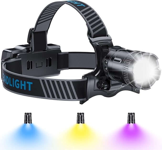 YNYS Rechargeable Headlamp with 4 Colors (White/Yellow/Blue/UV),Super Bright Headlights with Motion