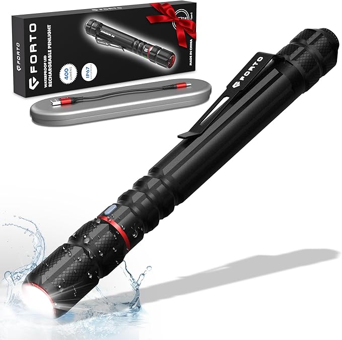 FORTO Rechargeable Pen Light Flashlight, 400 Lumens Small Pocket Flashlight with Clip, IP67
