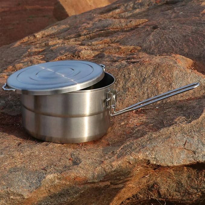 Lixada Stainless Steel Camping Cook Pot 1.5L with Lid and Folding Handle, Large Capacity Bento Pot