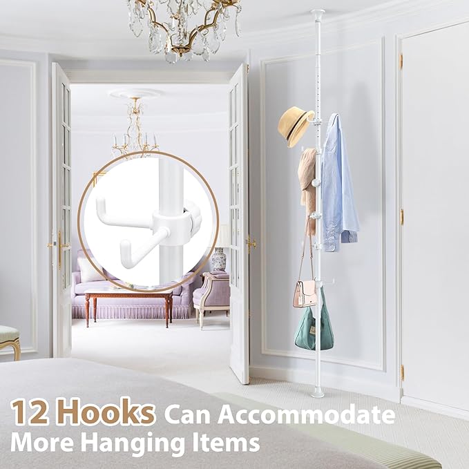Coat Rack Freestanding, 56 to 125 inch Adjustable Tension Rod Coat Tree with 12 Hooks for Hanging