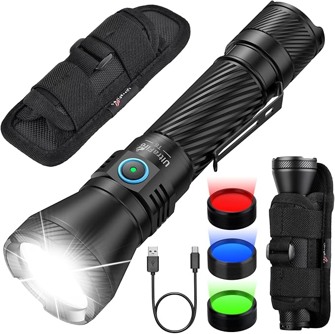 ULTRAFIRE Police Tactical Flashlight with Holster for Duty Belt, 1800 Lumen LED Rechargeable