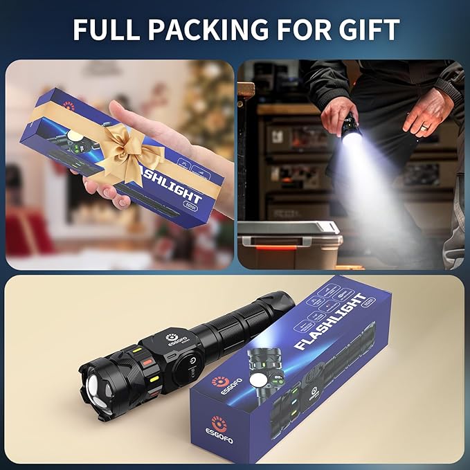 ESGOFO Rechargeable Flashlights High Lumens 10000 Long Distance, Super Bright LED Flash Light Long