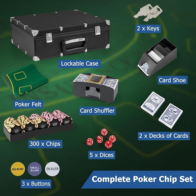 GYMAX Poker Chips Set, 300 PCS Texas Hold 'em Casino Chip Set w/Carrying Case, 6 Decks of Cards, 5
