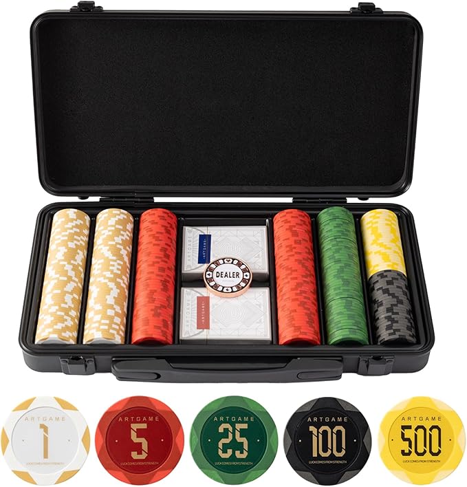 ARTGAME 14g Clay Poker Chips Set for Texas Hold’em, 300 PCS [with Numbered Values] with Chip Case