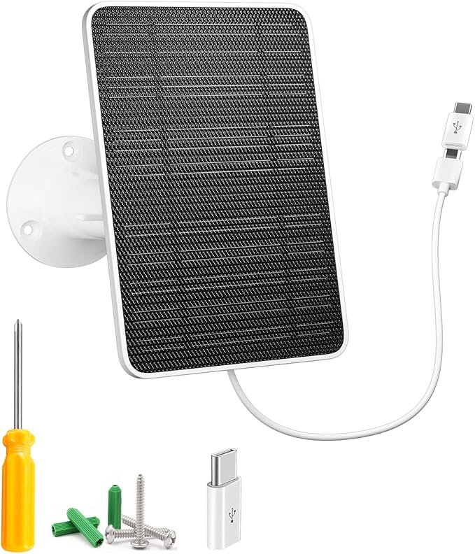 Solar Panel for Security Camera, 5W USB Solar Panel for DC 5V Security Camera, Micro USB & USB-C