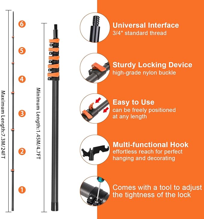 Carbon Fiber Christmas Light Pole Hanger Tool, Extendable 4.7-24 FT High Reach Telescoping Pole