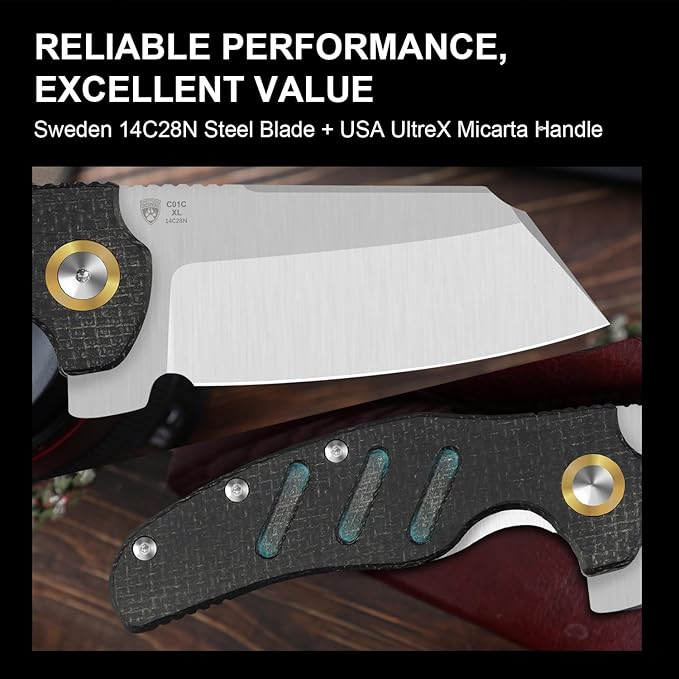 Kizer C01C XL Sheepdog Pocket Knife, 3.9" 14C28N Sheepsfoot Blade EDC Folding Knife with Black