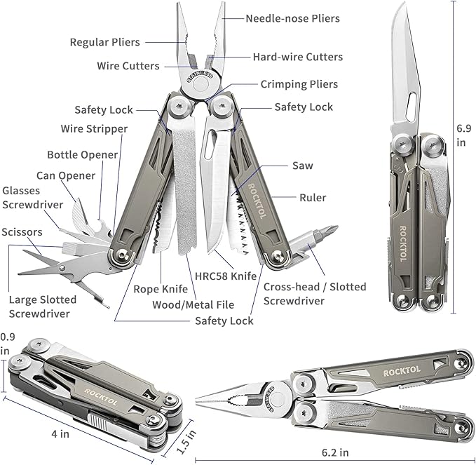 Multitool,19-in-1 Multitool Pliers with Titanium-plated Handle, Safety Locking, Lightweight EDC