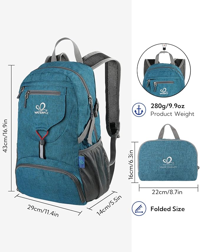 WATERFLY Small Lightweight Packable Backpack: 20l Ultra Light Foldable Travel Hiking Camping