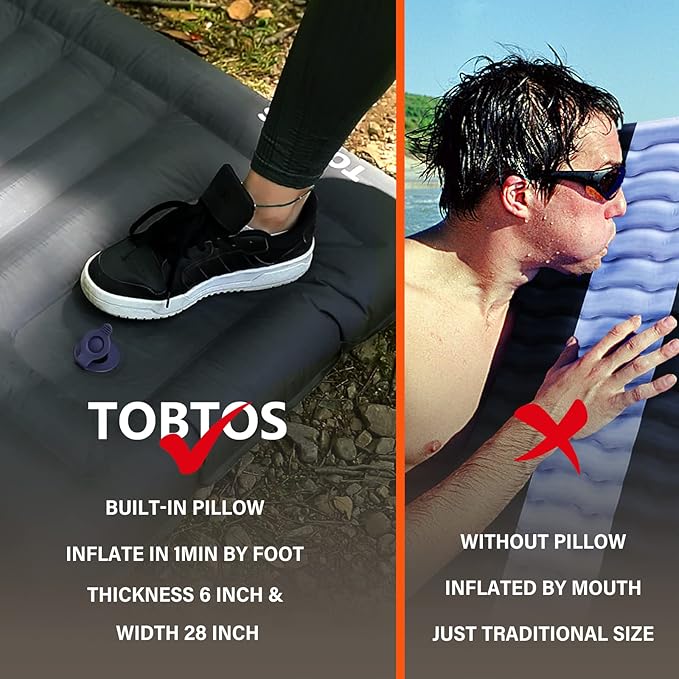 TOBTOS Inflatable Camping Sleeping Pad with Pillow, Thick 6 Inch Ultralight Sleeping Pad with
