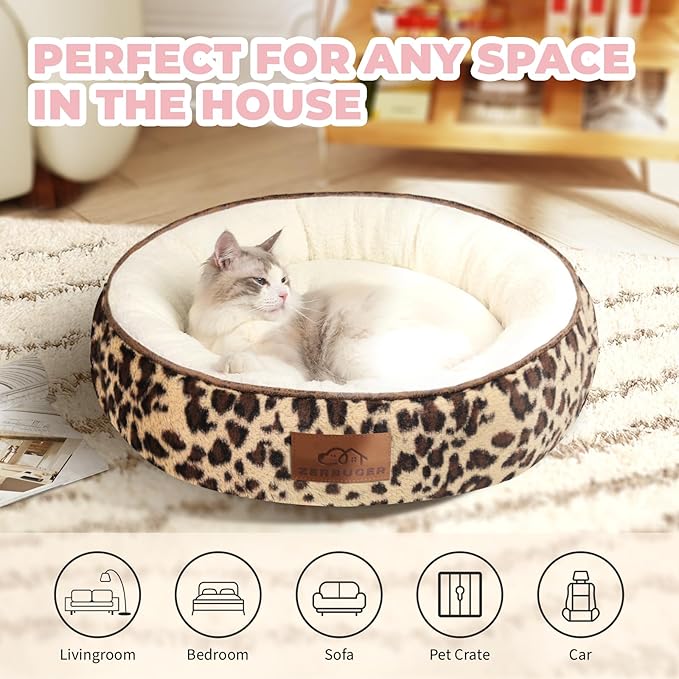 20in Leopard Round Cat Dog Bed Gift for Large Medium Small Dogs Cats, Machine Washable Sleeping