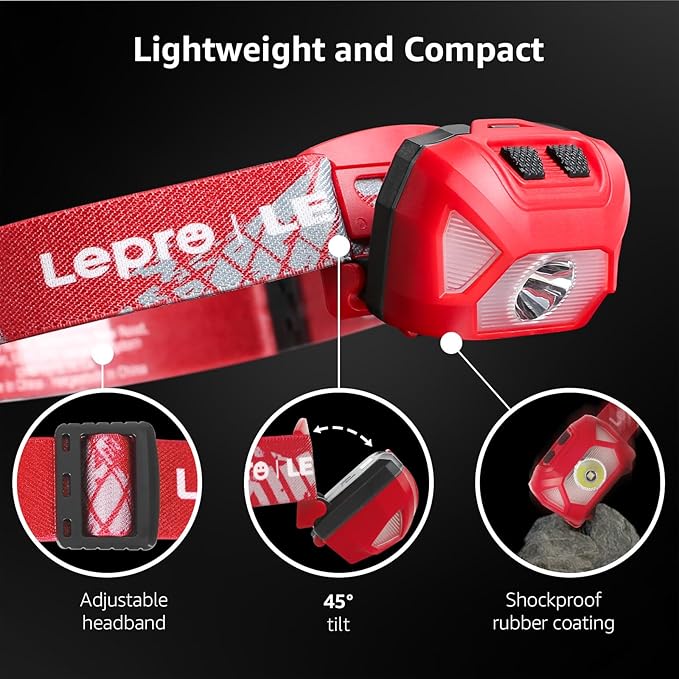 Lepro 320015 Battery Powered Headlamp - 1300Lux Super Bright LED Head Lamp with Red Light, IPX4